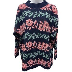 Vintage 80s Private Eye Pink Rose Floral Knit Sweater Cottagecore Slouchy Y2K M